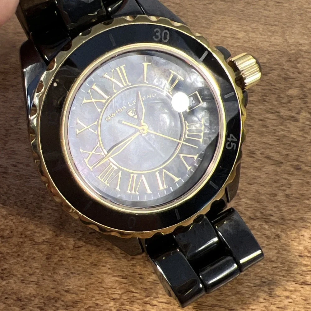 Swiss Legend Karamica Women's Black Gold Tone Watch Ceramic - Needs Battery